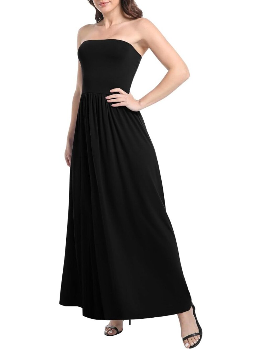 Summer Strapless Ruched Maxi Dress - Sleeveless A-Line Flowy Wedding Guest Dress